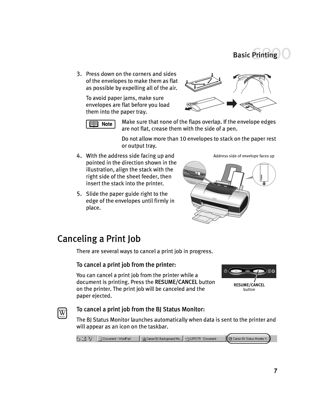 Canon S900 Canceling a Print Job, To cancel a print job from the printer, To cancel a print job from the BJ Status Monitor 