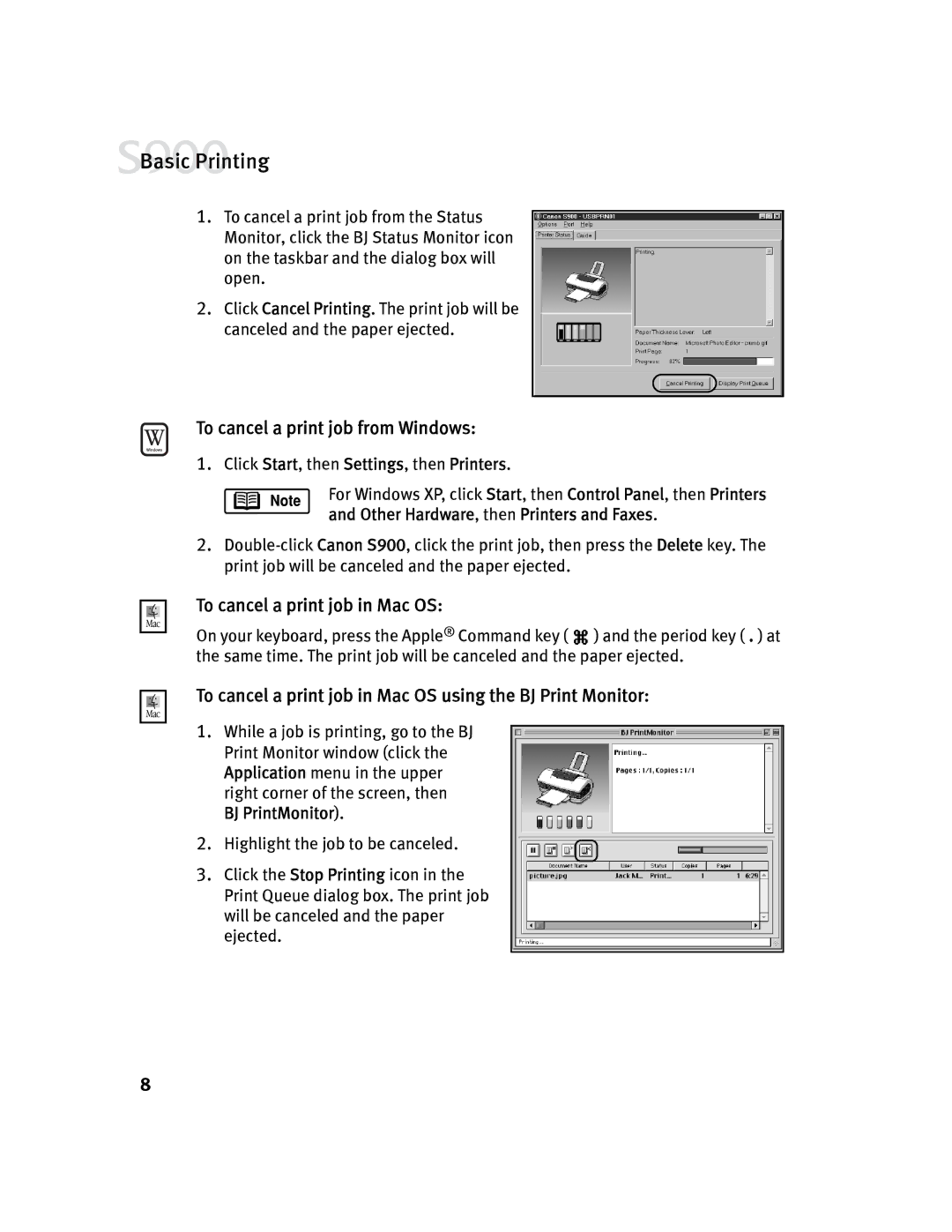 Canon S900 quick start To cancel a print job from Windows, To cancel a print job in Mac OS 