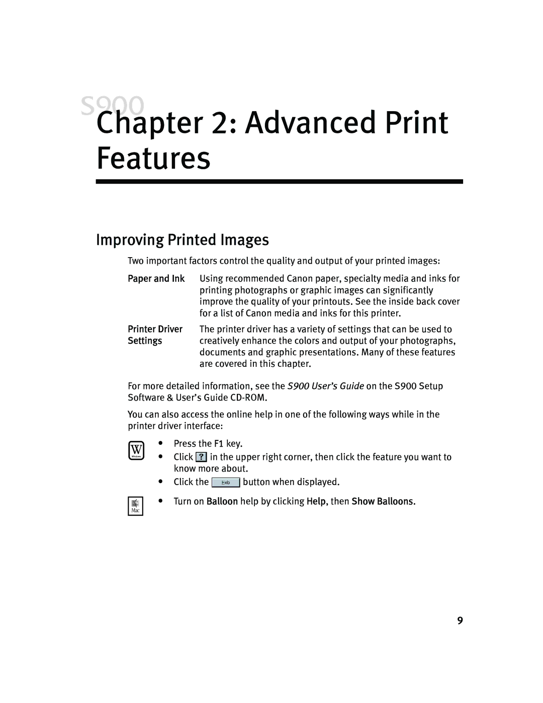 Canon S900 quick start Advanced Print Features, Improving Printed Images 