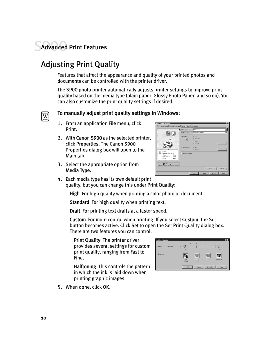 Canon S900 quick start Adjusting Print Quality, To manually adjust print quality settings in Windows 