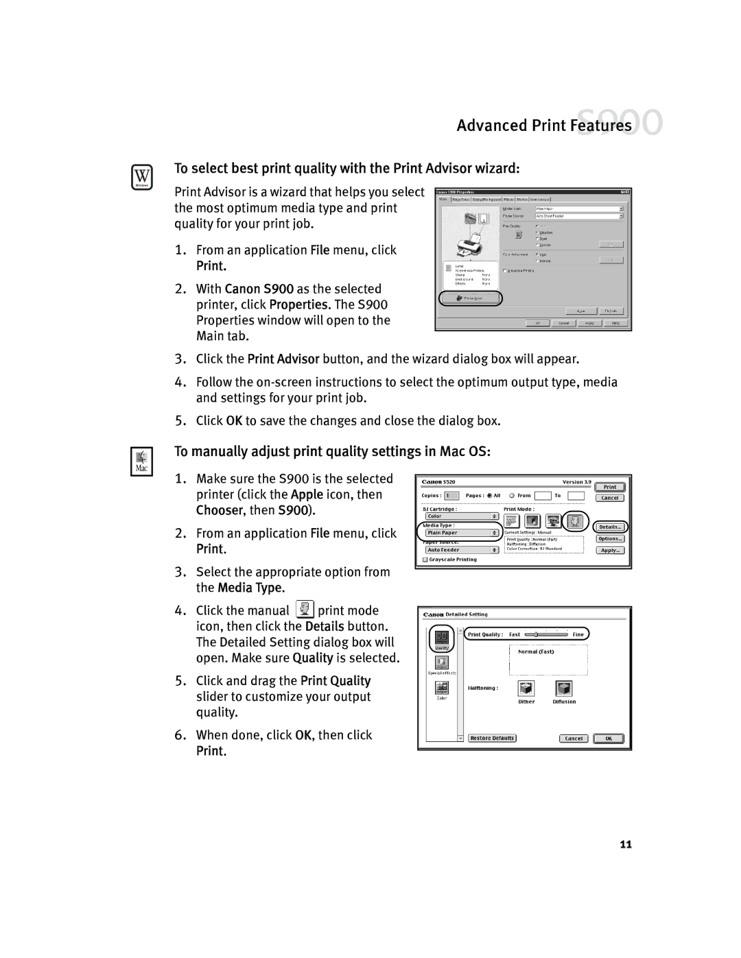 Canon S900 To select best print quality with the Print Advisor wizard, To manually adjust print quality settings in Mac OS 