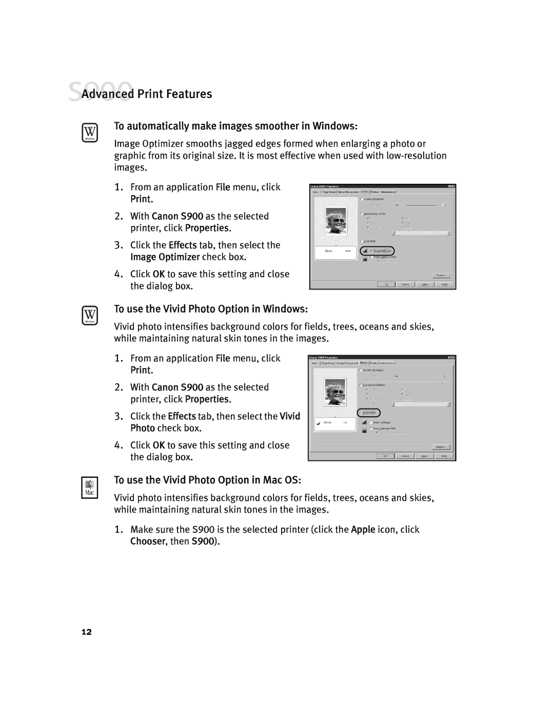 Canon S900 quick start To automatically make images smoother in Windows, To use the Vivid Photo Option in Windows 