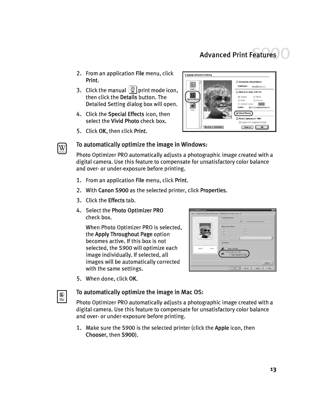 Canon S900 quick start To automatically optimize the image in Windows, To automatically optimize the image in Mac OS 