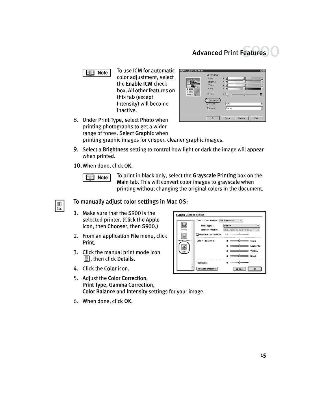 Canon S900 quick start To manually adjust color settings in Mac OS 