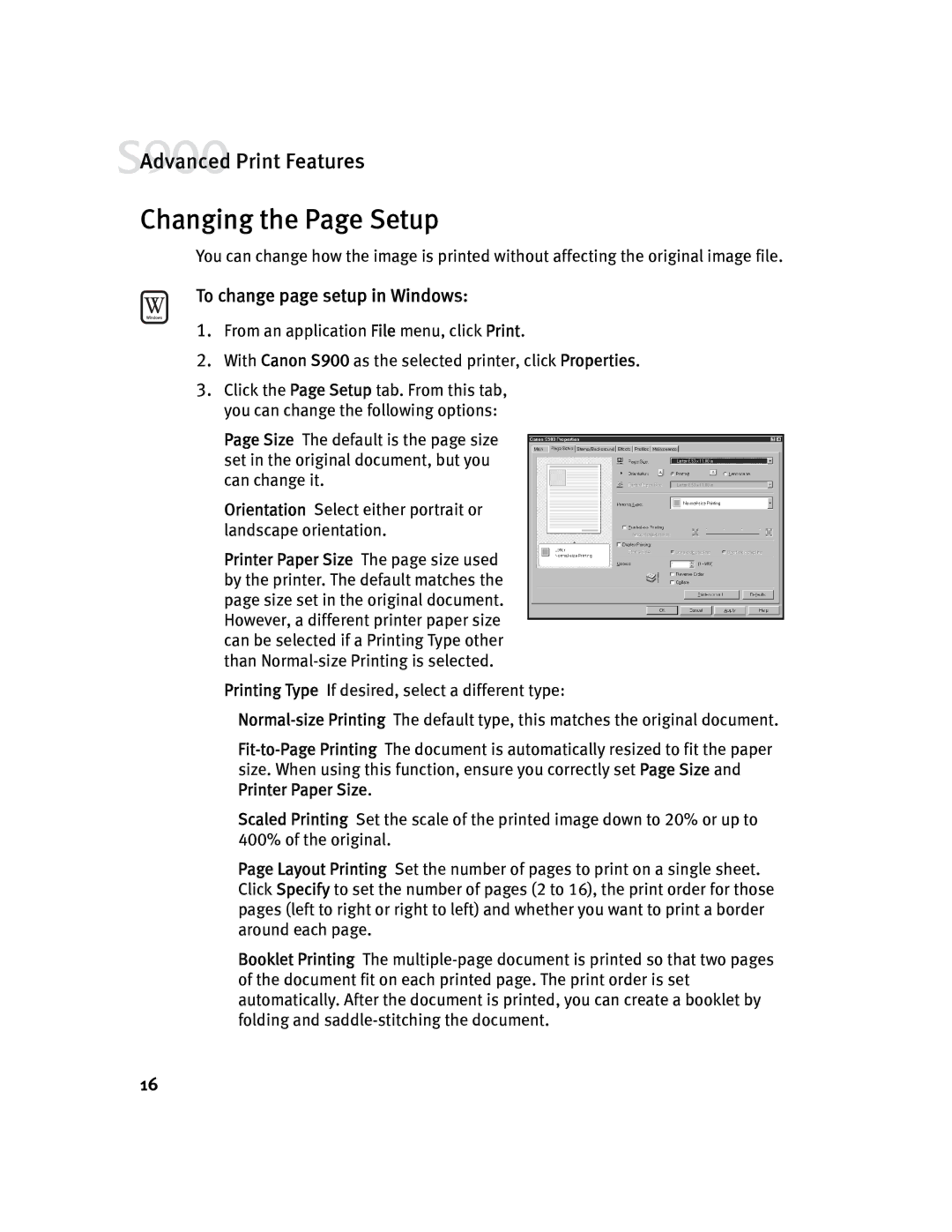 Canon S900 quick start Changing the Page Setup, To change page setup in Windows 