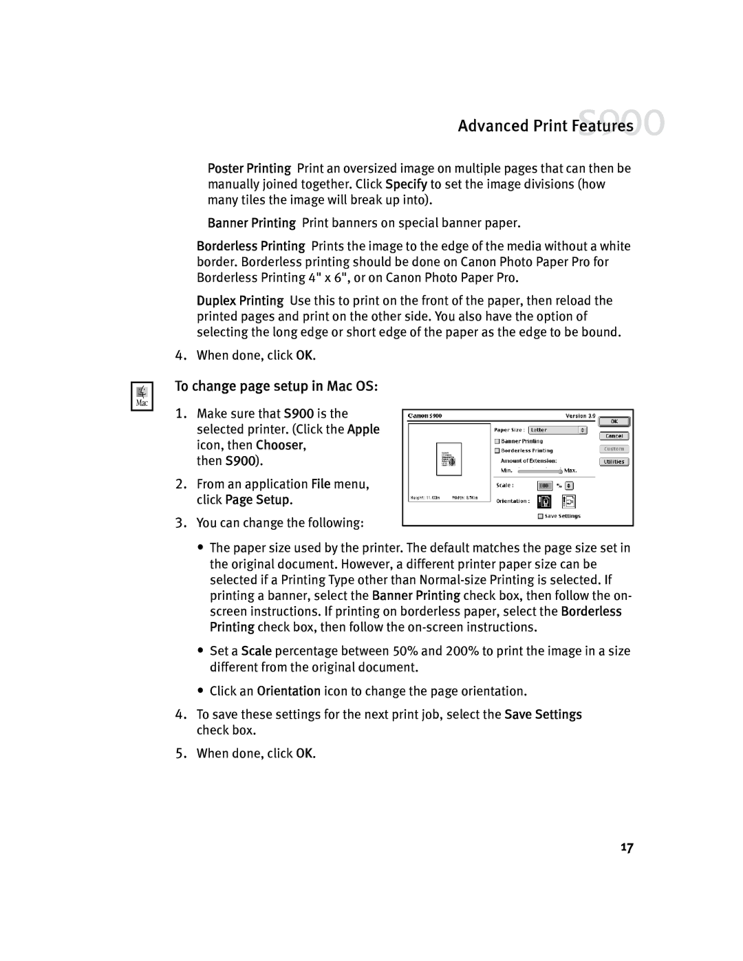 Canon S900 quick start To change page setup in Mac OS 