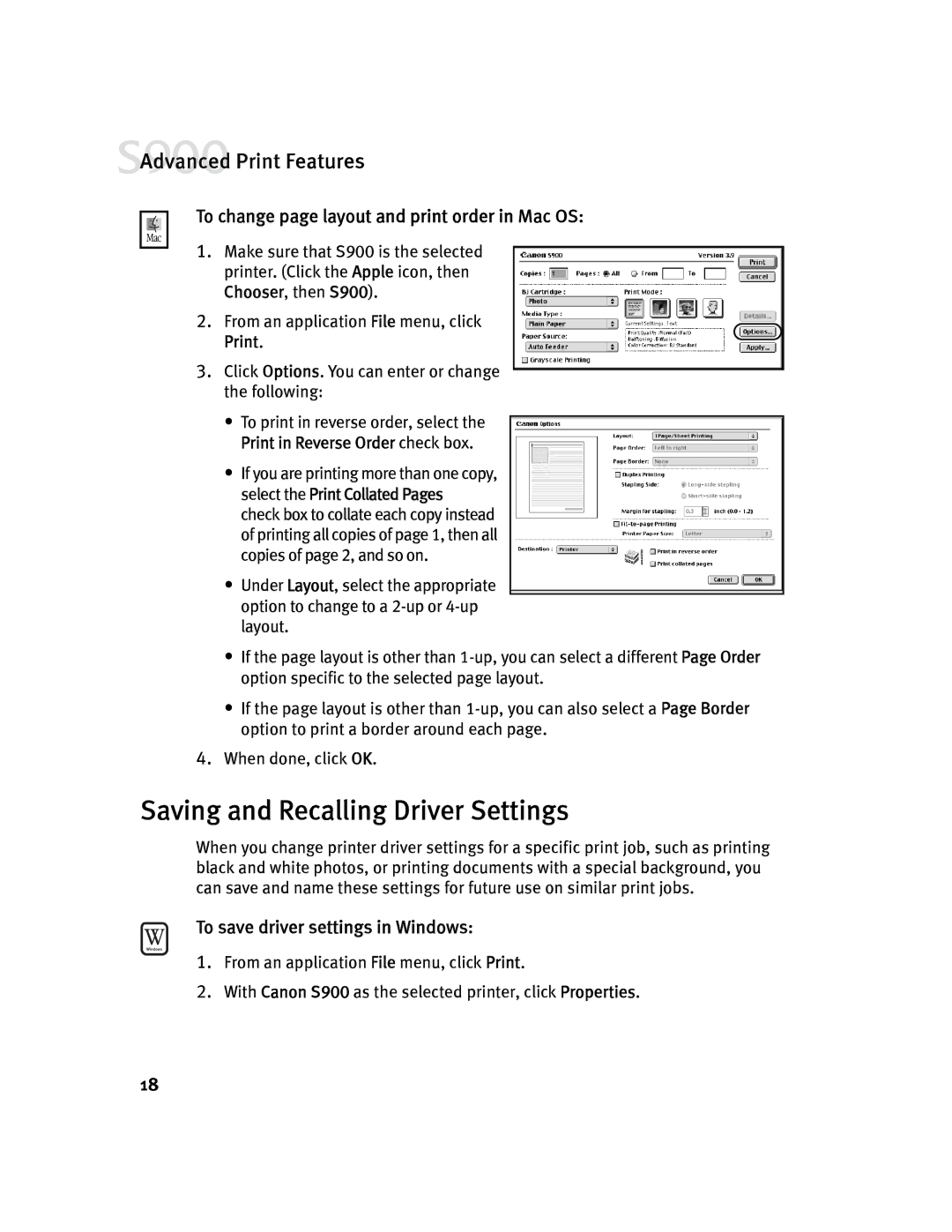 Canon S900 quick start Saving and Recalling Driver Settings, To change page layout and print order in Mac OS 