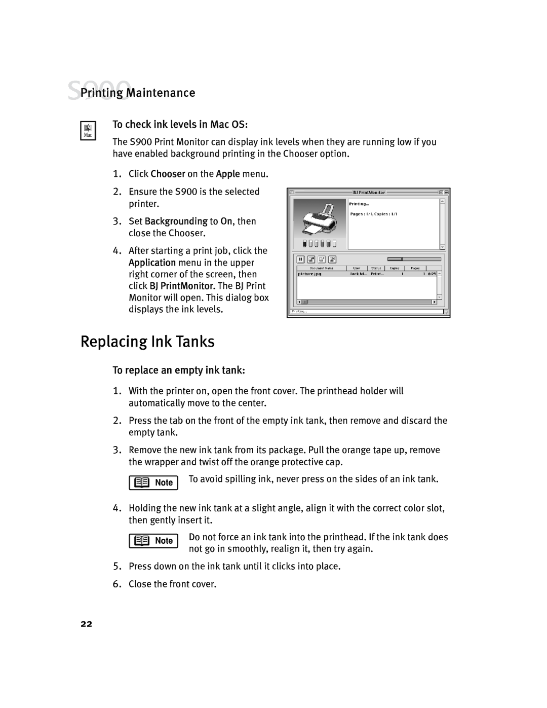 Canon S900 quick start Replacing Ink Tanks, To check ink levels in Mac OS, To replace an empty ink tank 