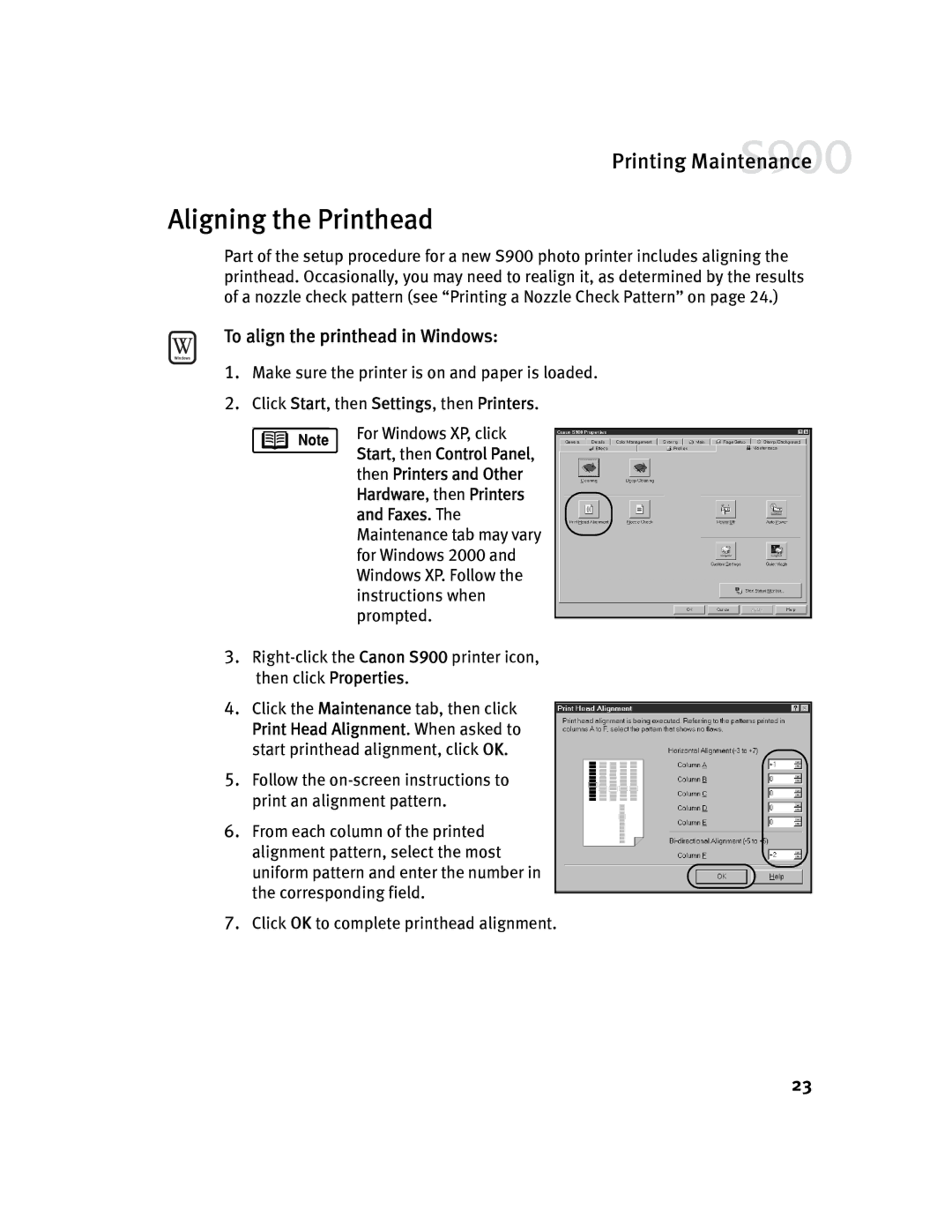 Canon S900 quick start Aligning the Printhead, To align the printhead in Windows 
