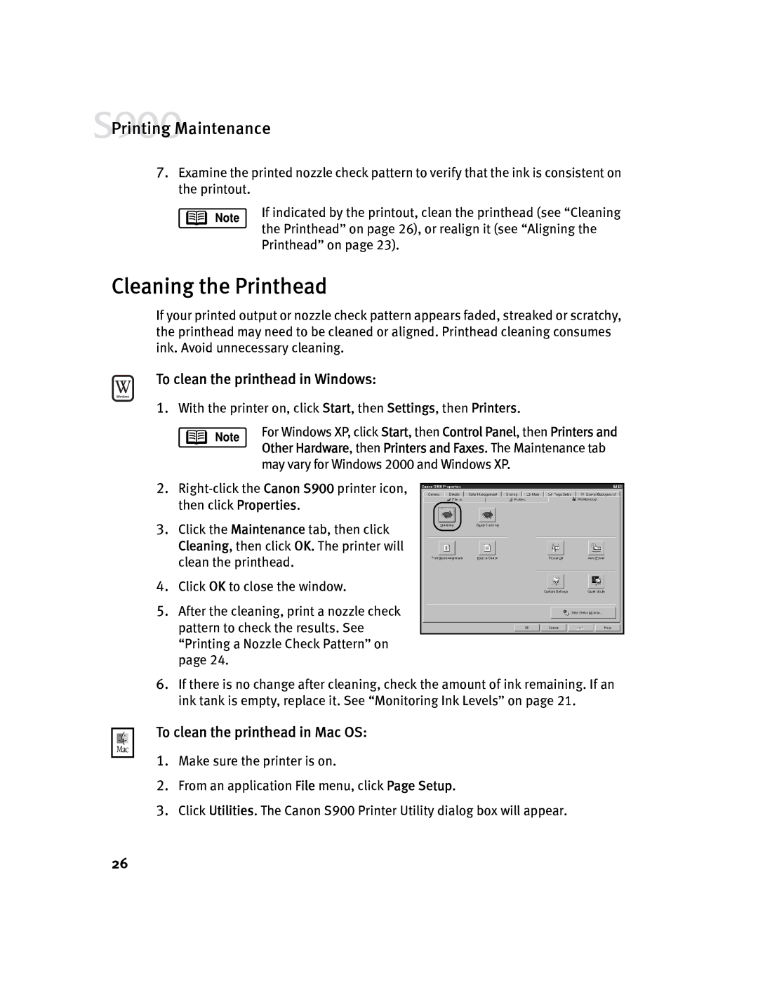 Canon S900 quick start Cleaning the Printhead, To clean the printhead in Windows, To clean the printhead in Mac OS 