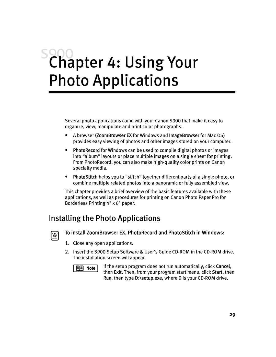 Canon S900 quick start Using Your Photo Applications, Installing the Photo Applications 