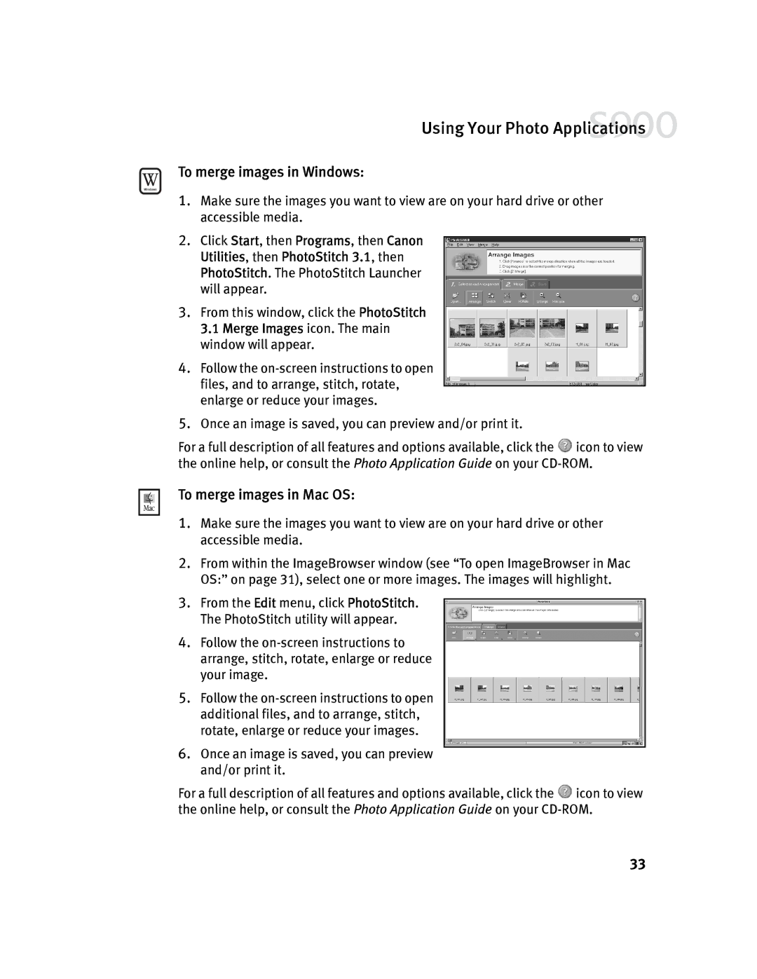 Canon S900 quick start To merge images in Windows, To merge images in Mac OS 