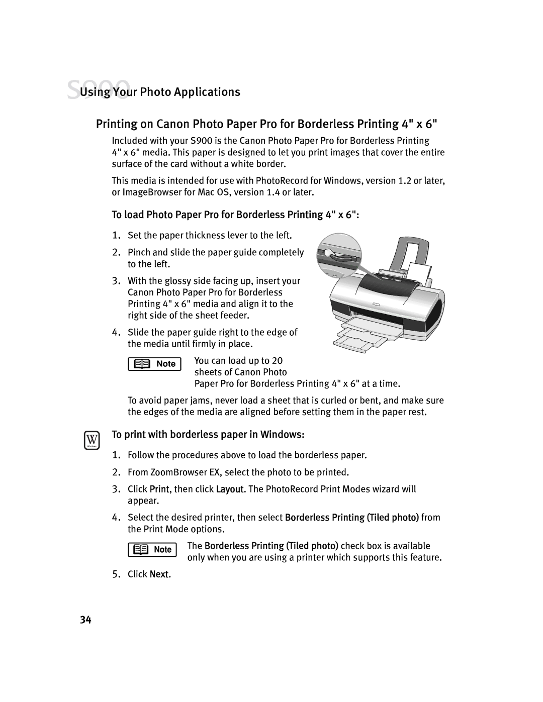 Canon S900 quick start To load Photo Paper Pro for Borderless Printing 4 x, To print with borderless paper in Windows 