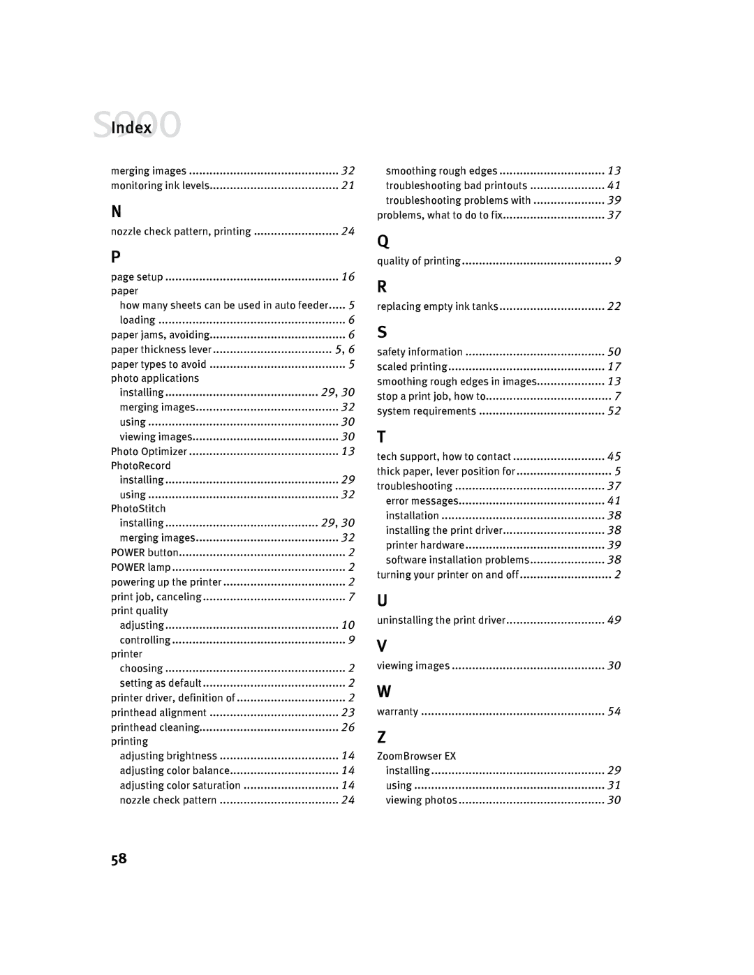 Canon S900 quick start Index 