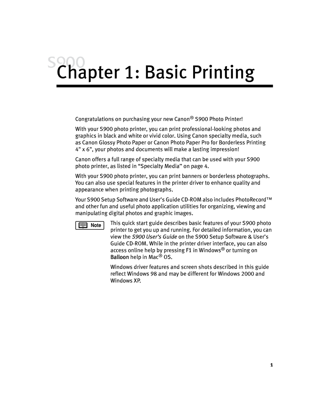 Canon S900 quick start Basic Printing 