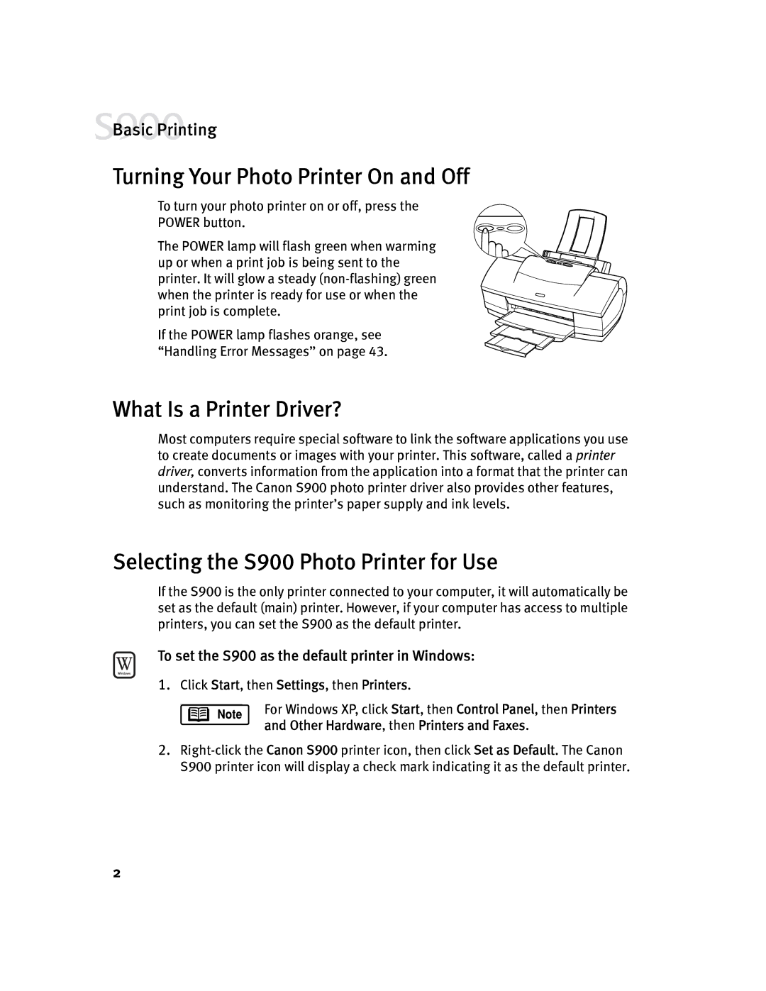 Canon Turning Your Photo Printer On and Off, What Is a Printer Driver?, Selecting the S900 Photo Printer for Use 