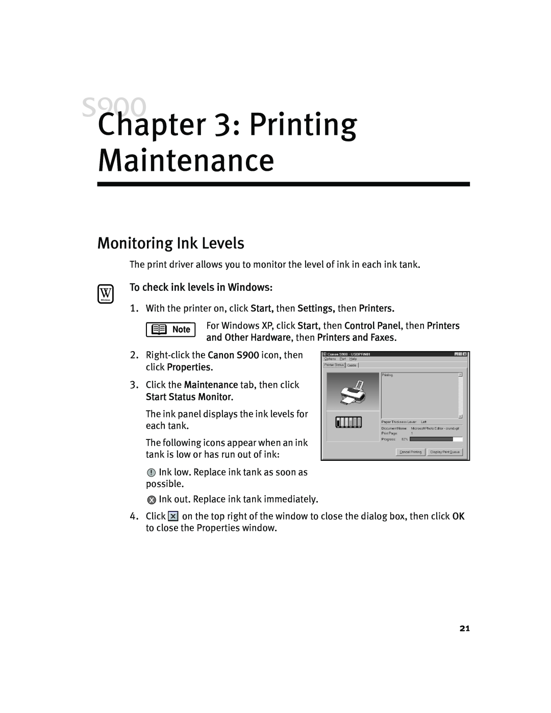 Canon S900 quick start Printing Maintenance, Monitoring Ink Levels, To check ink levels in Windows 