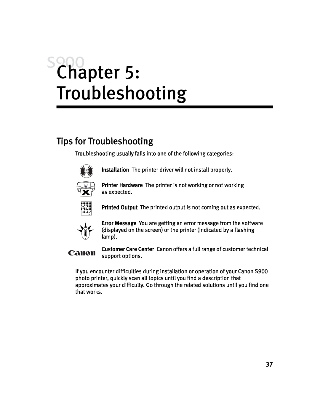 Canon S900 quick start Chapter Troubleshooting, Tips for Troubleshooting 