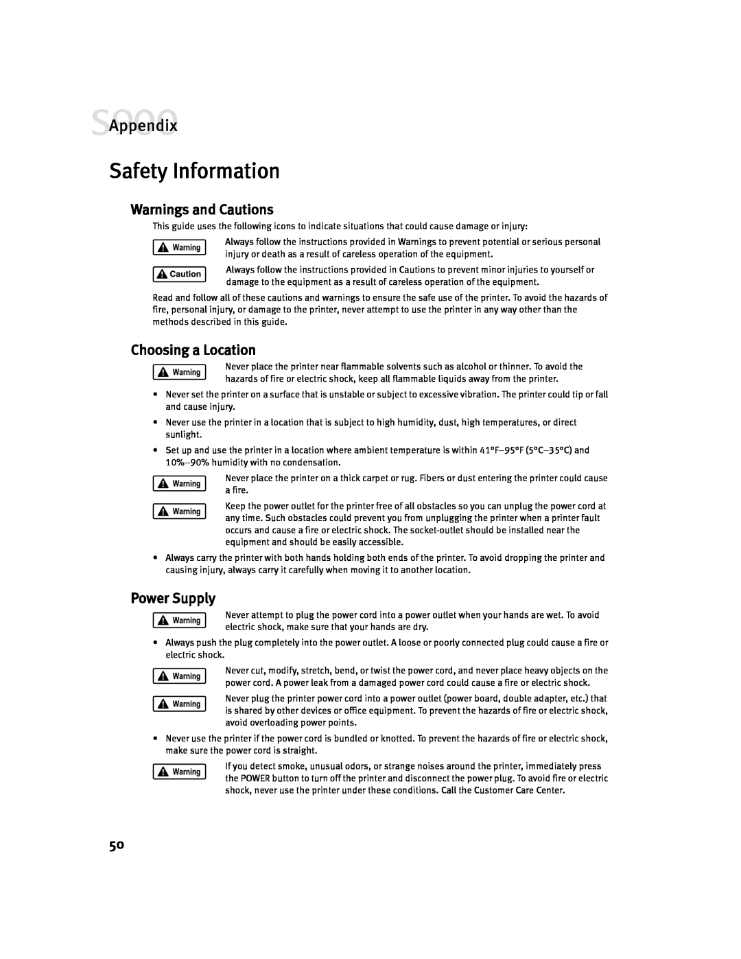 Canon S900 quick start Safety Information, Warnings and Cautions, Choosing a Location, Power Supply, Appendix 