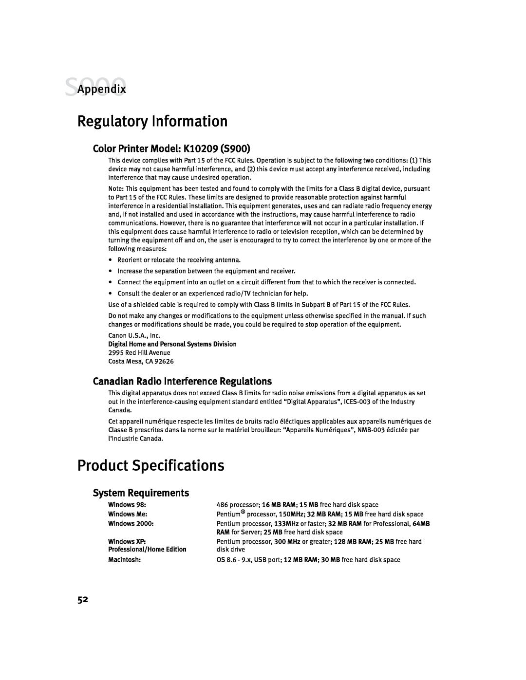 Canon Regulatory Information, Product Specifications, Color Printer Model K10209 S900, System Requirements, Appendix 