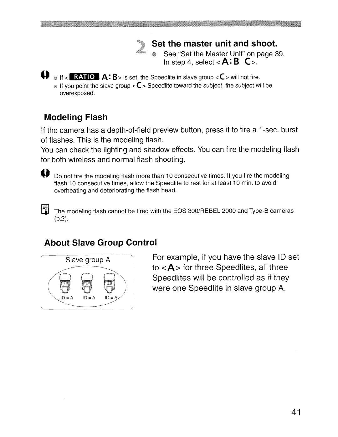 Canon SBOEX instruction manual Set the master unit and shoot, Modeling Flash, About Slave Group Control 