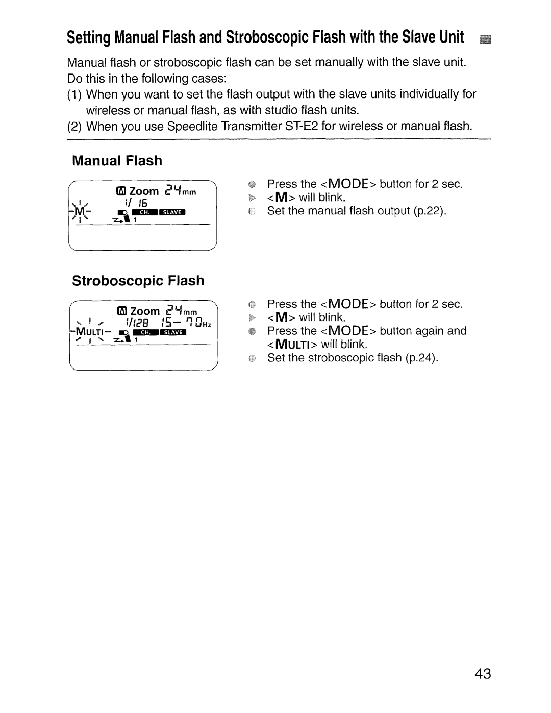 Canon SBOEX instruction manual Manual Flash, Stroboscopic Flash 