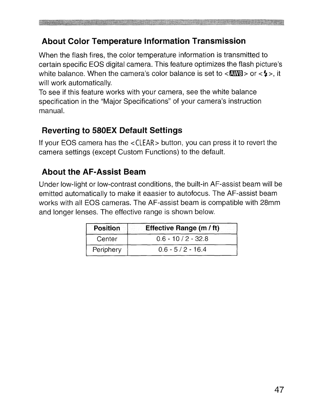 Canon SBOEX instruction manual About Color Temperature Information Transmission, Reverting to 580EX Default Settings 