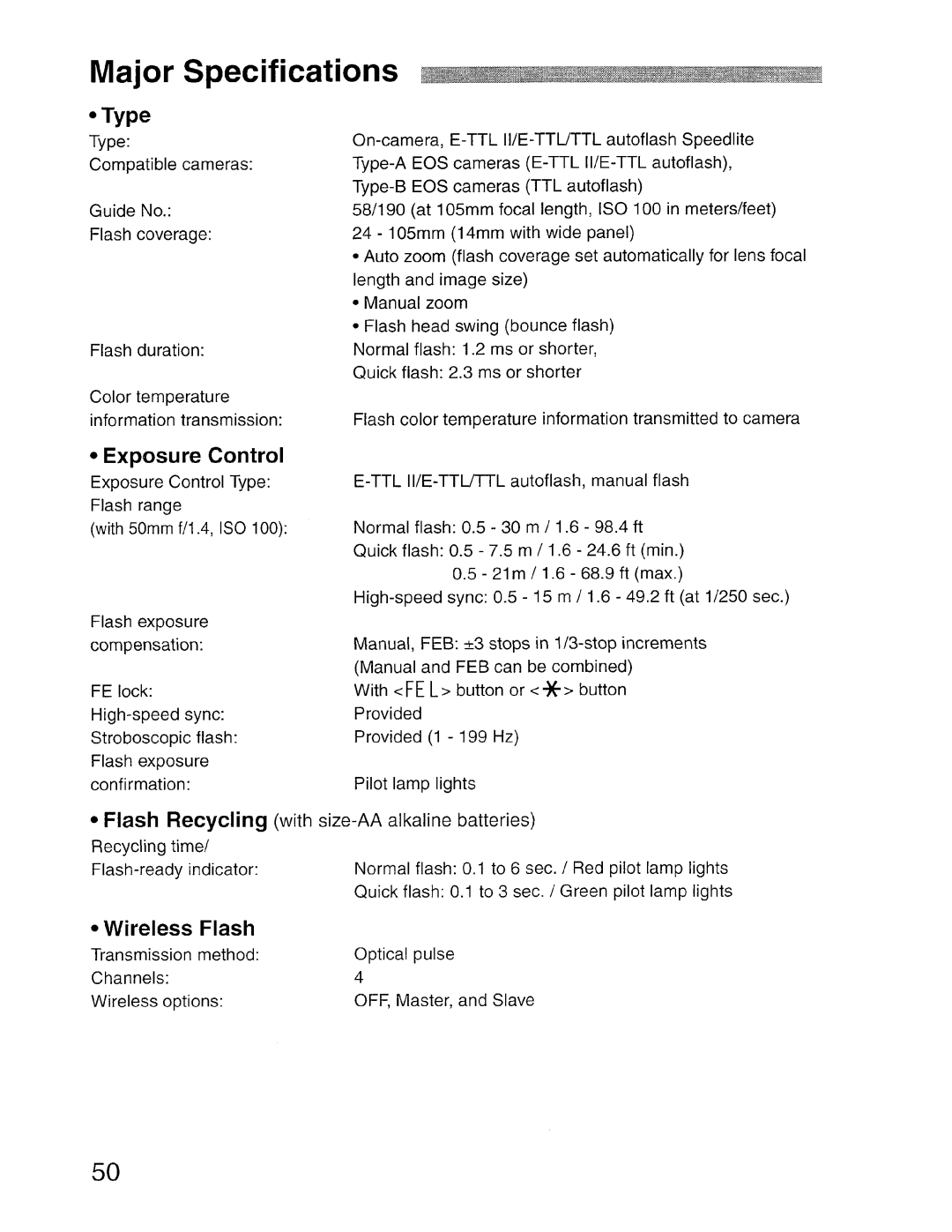 Canon SBOEX instruction manual Major Specifications ....i..,Si.~, Type 