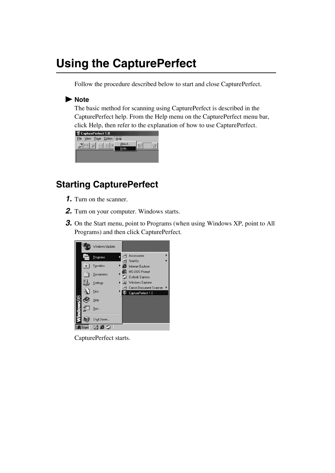 Canon Scanner setup guide Using the CapturePerfect, Starting CapturePerfect 