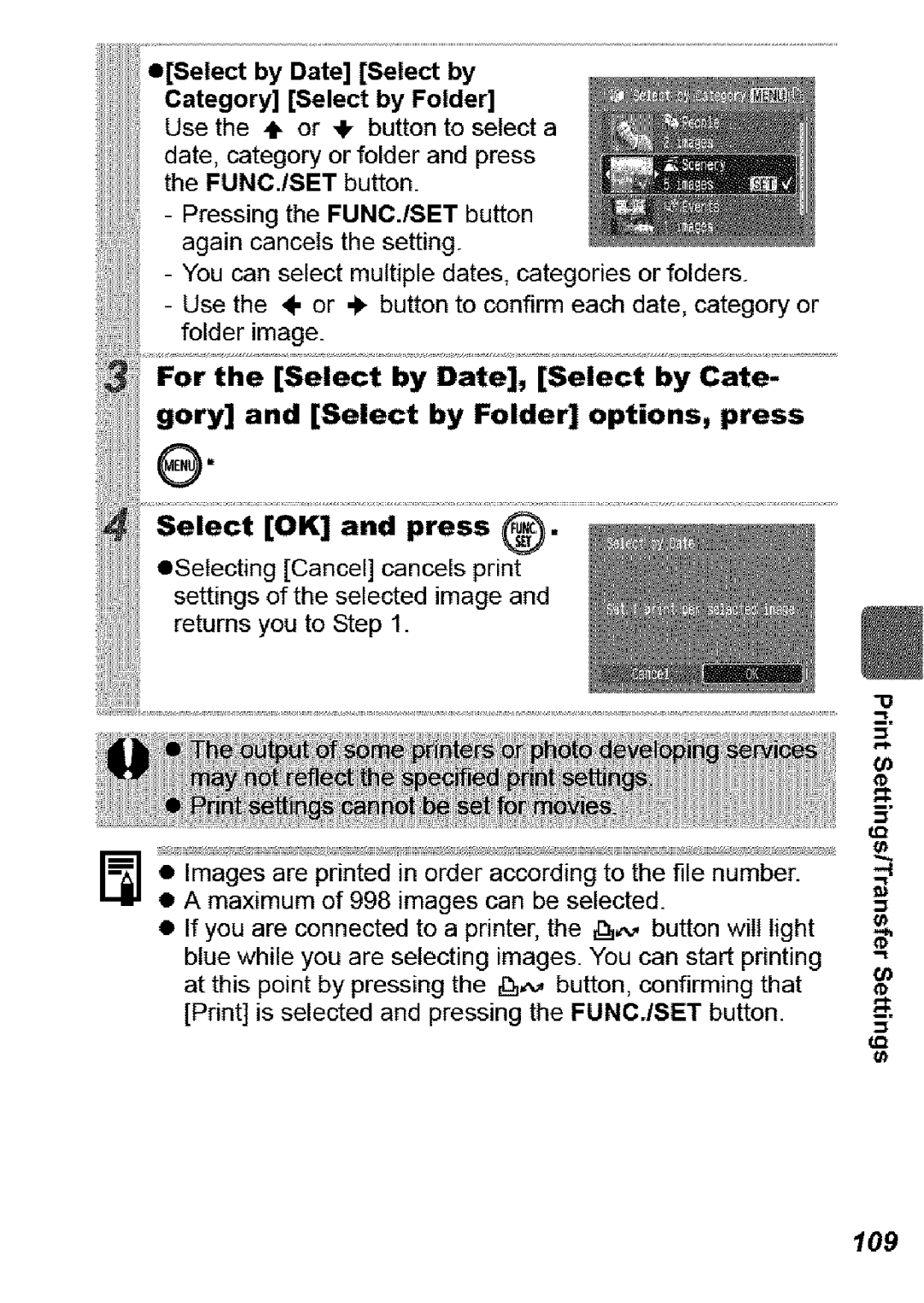 Canon SD850 IS manual 109, OSelect Date Select by Category Select by Folder, Func./Set 