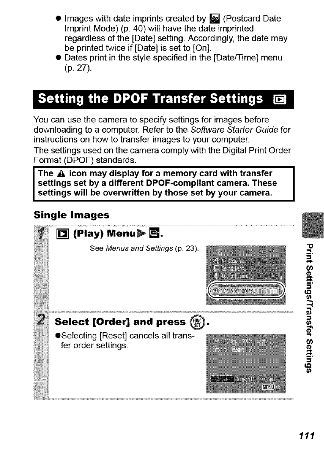 Canon SD850 IS manual 111, Seiect Order, OSelecting Reset 