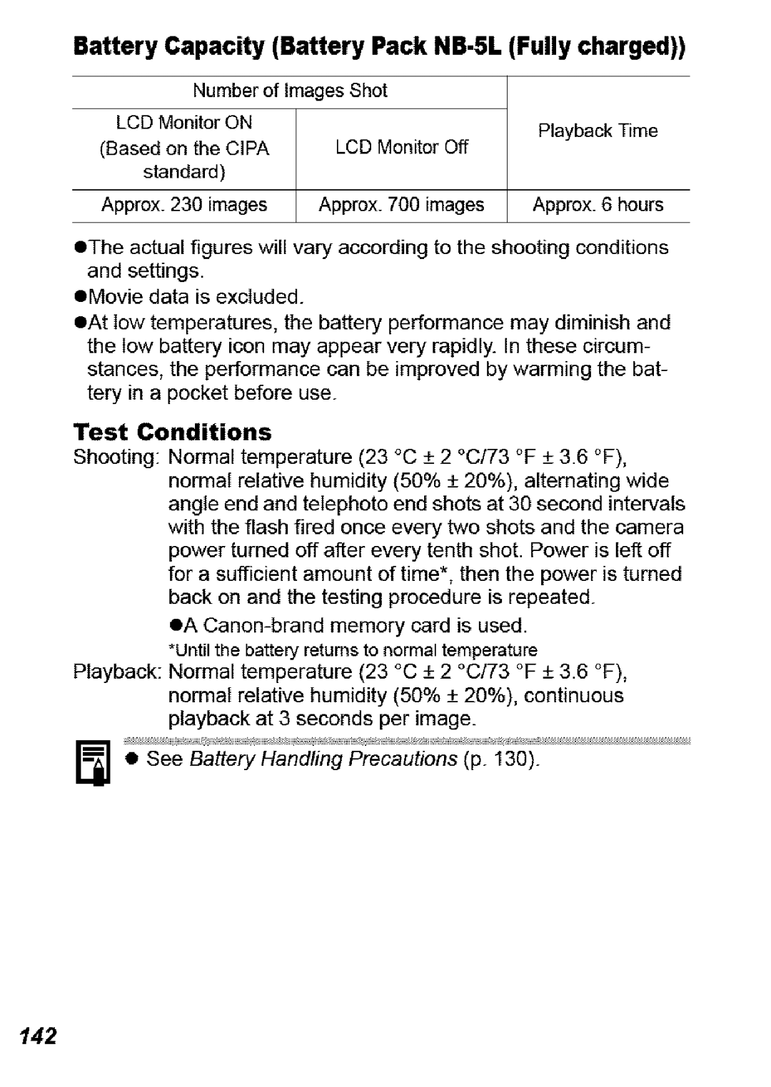 Canon SD850 IS manual Battery Capacity Battery Pack NB-5L Fully charged, Test Conditions 