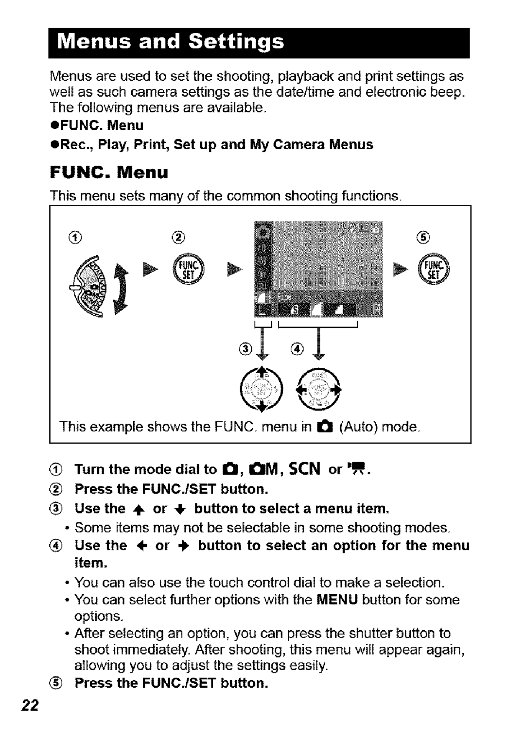 Canon SD850 IS manual EFUNC. Menu ERec., Play, Print, Set up and My Camera Menus, Press the FUNO./SET button 