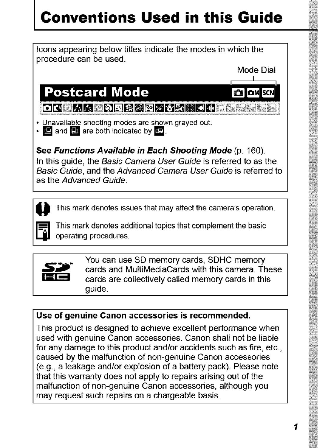 Canon SD850 IS manual Conventions Used in this Guide, Use of genuine Canon accessories is recommended 