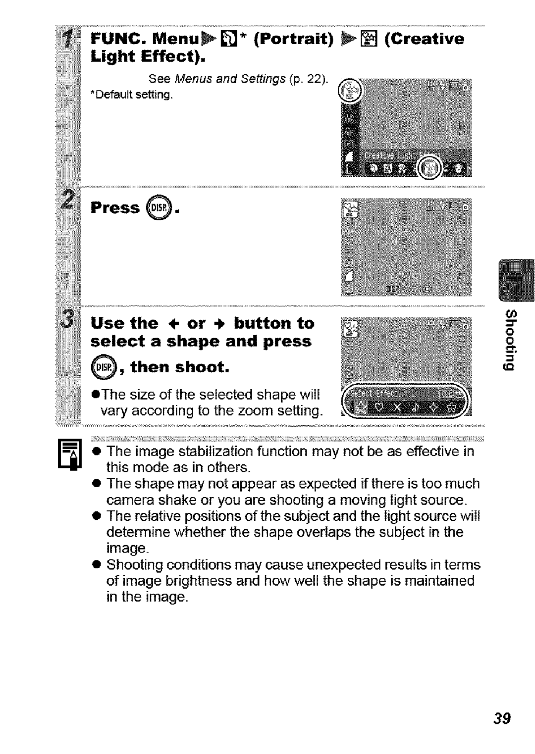 Canon SD850 IS manual FUNC. Menu El* Portrait Creative Light Effect, Press O 