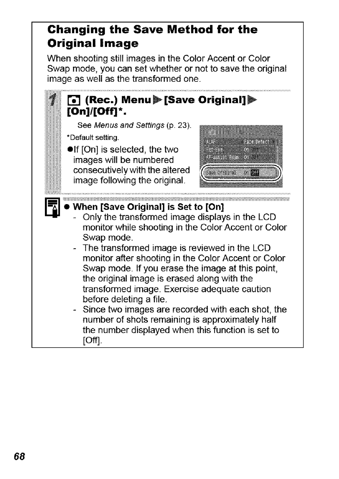 Canon SD850 IS manual Changing the Save Method for Original Image 