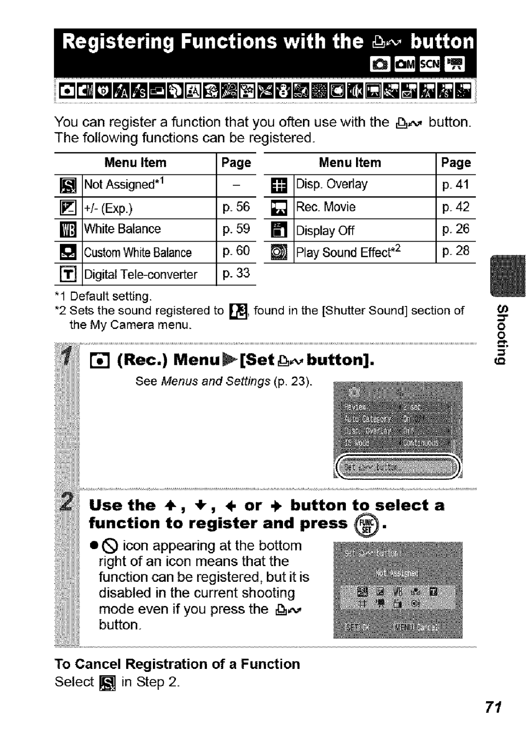 Canon SD850 IS manual Rec MenuSetbutton, To Cancel Registration of a Function 