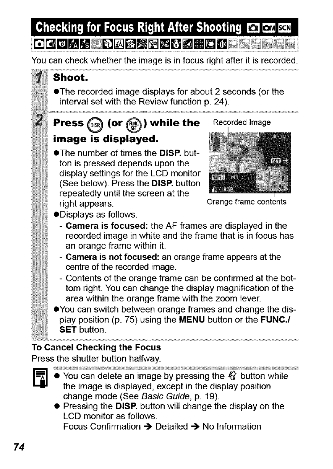 Canon SD850 IS manual Press, Image Displayed, EDisplays, To Cancel Checking the Focus 