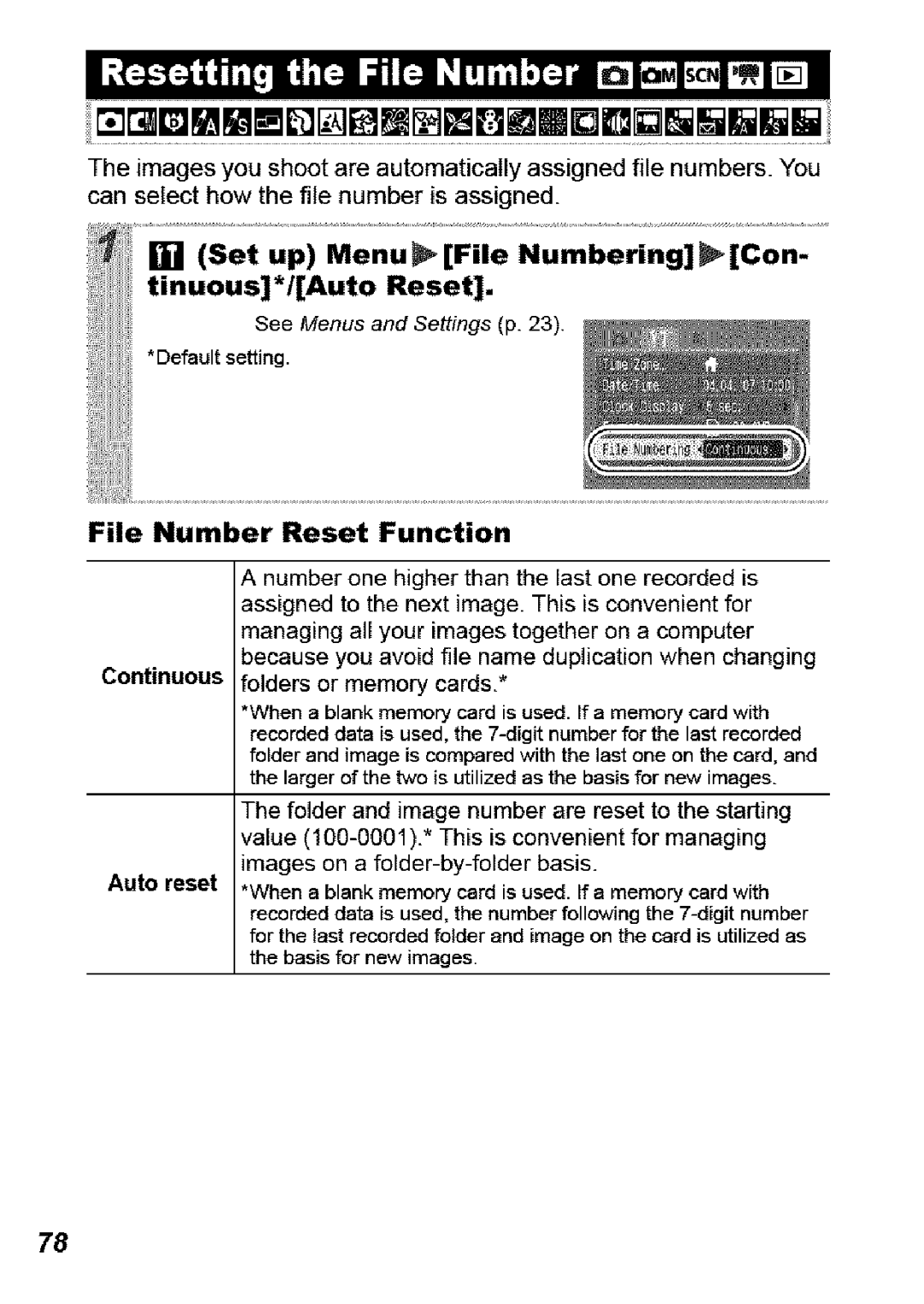 Canon SD850 IS manual File Number Reset Function, Auto reset 