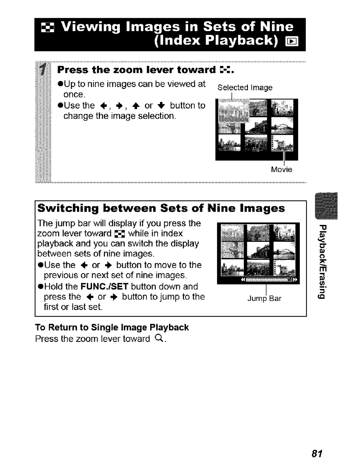 Canon SD850 IS manual Switching between Sets of Nine Images, To Return to Single Image Playback 