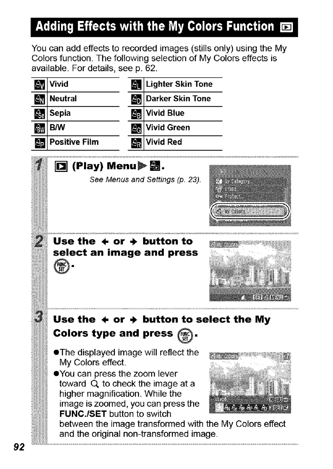 Canon SD850 IS manual IVivid, LNeutral, LSep ia, Positive Film, Play Menu 