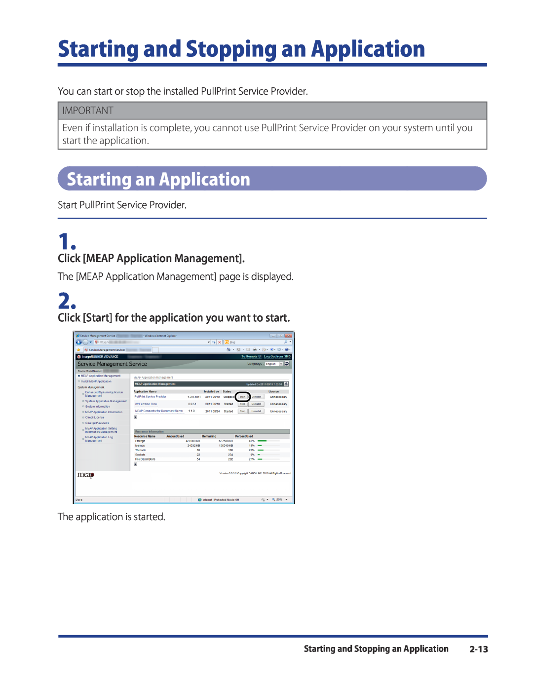 Canon SE-IE-1359-V2 Starting and Stopping an Application, Starting an Application, Click MEAP Application Management, 2-13 