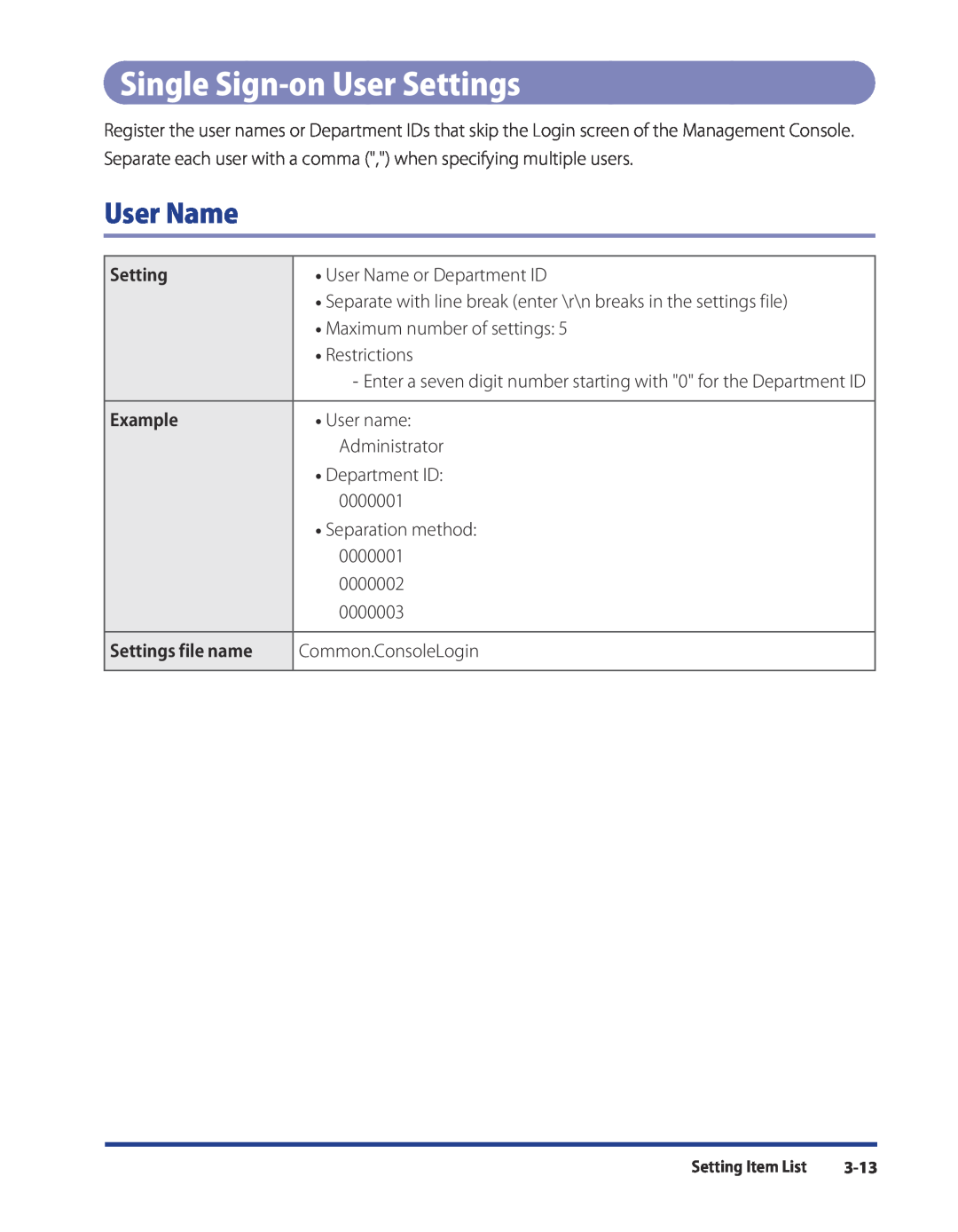 Canon SE-IE-1359-V2 manual Single Sign-on User Settings, User Name, 3-13, Example, Settings file name 