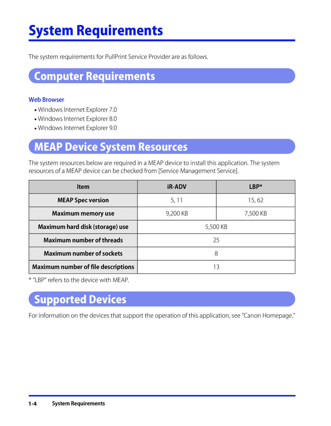 Canon SE-IE-1359-V2 manual System Requirements, Computer Requirements, Meap Device System Resources, Supported Devices 