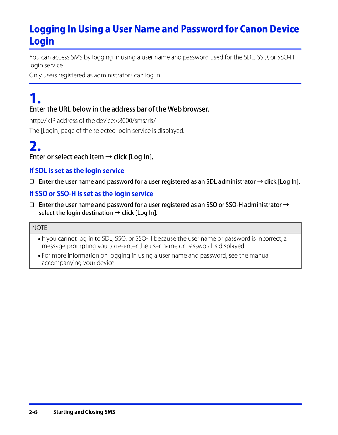 Canon SE-IE-1359-V2 manual Enter or select each item → click Log, If SDL is set as the login service 