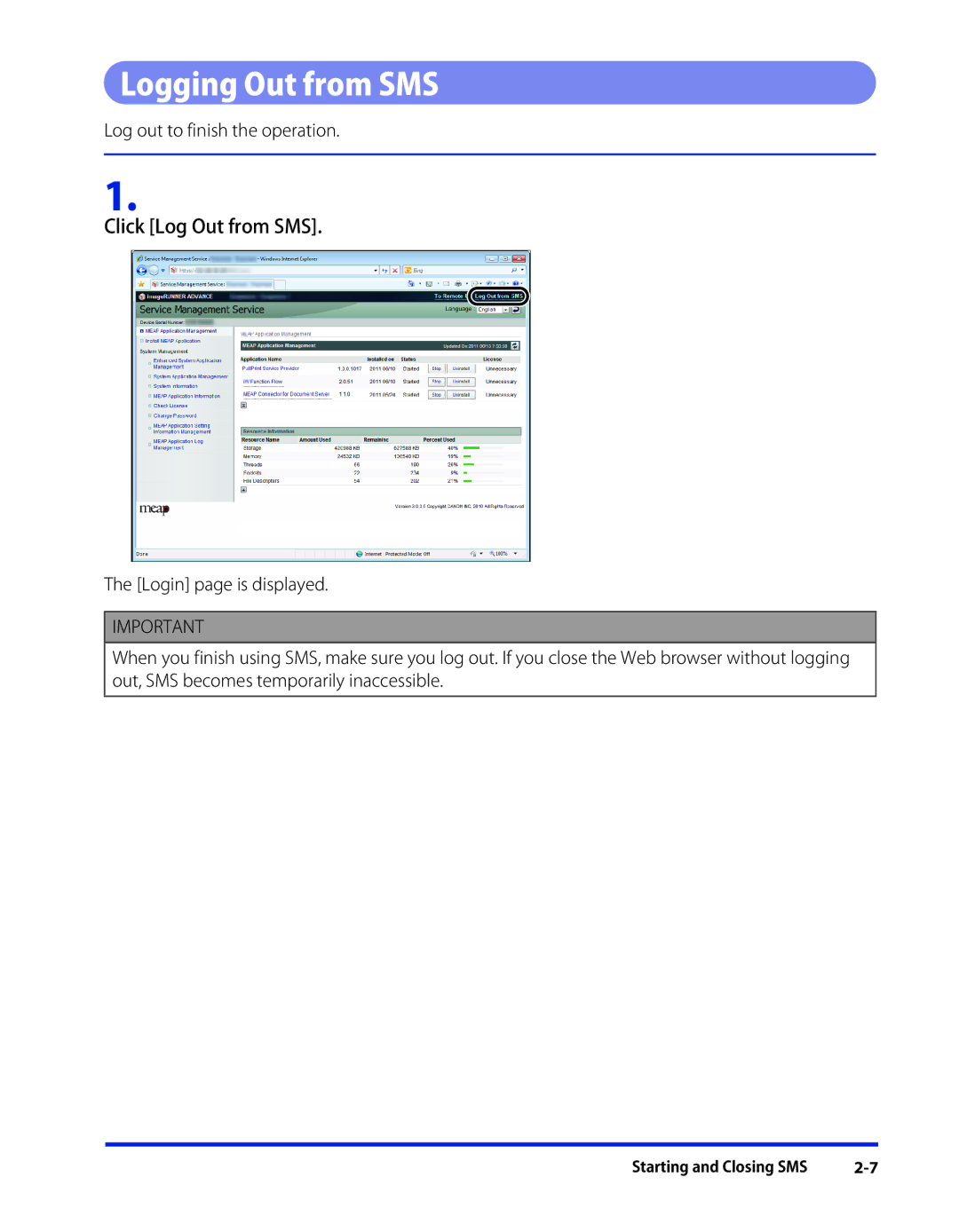 Canon SE-IE-1359-V2 manual Logging Out from SMS, Click Log Out from SMS 