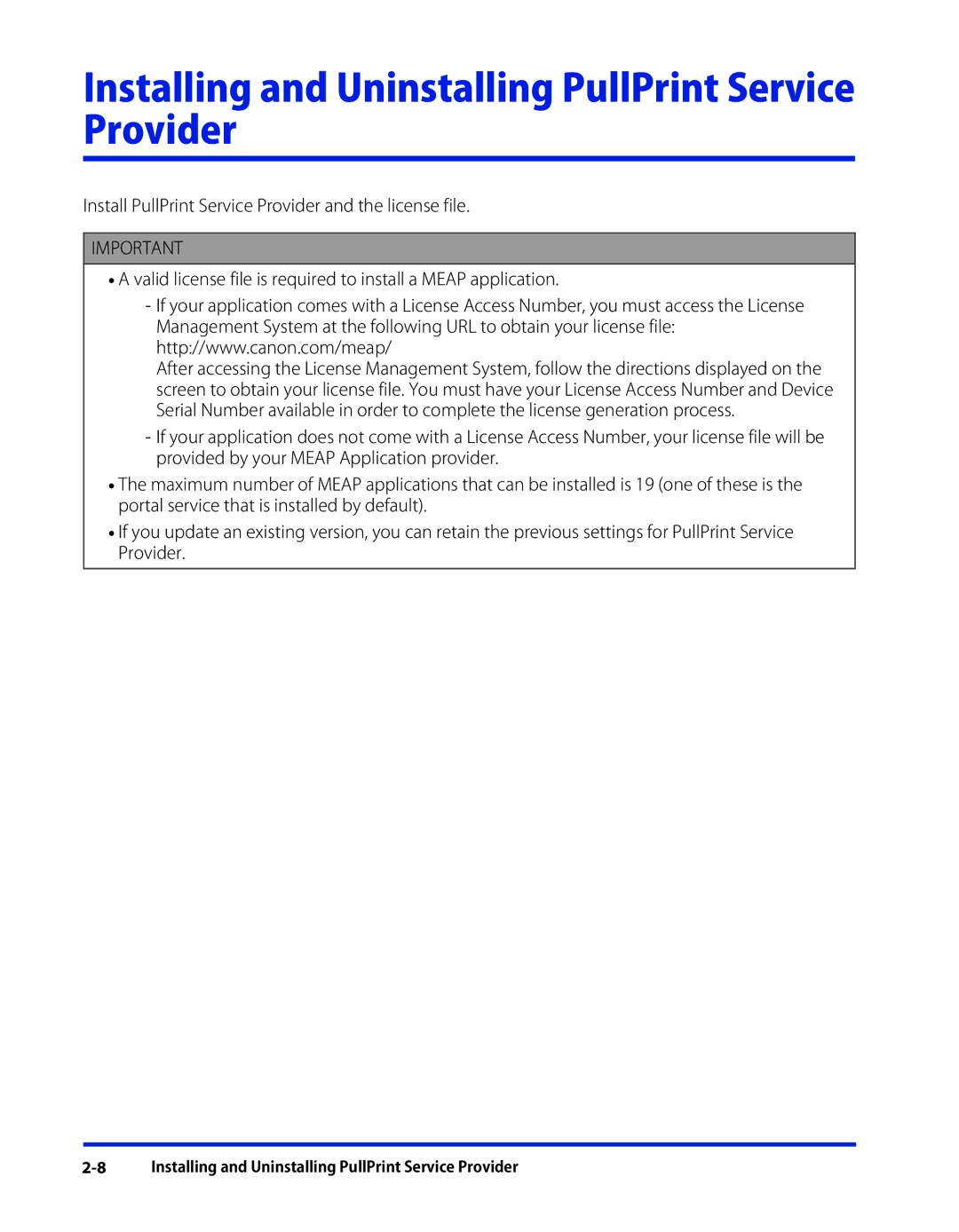 Canon SE-IE-1359-V2 manual Installing and Uninstalling PullPrint Service Provider 