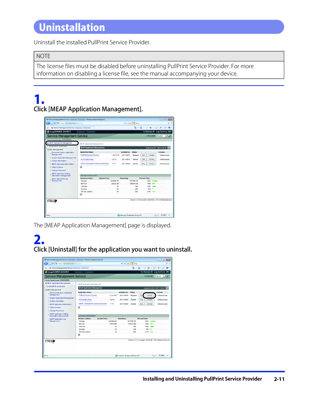 Canon SE-IE-1359-V2 manual Uninstallation, Click Meap Application Management 