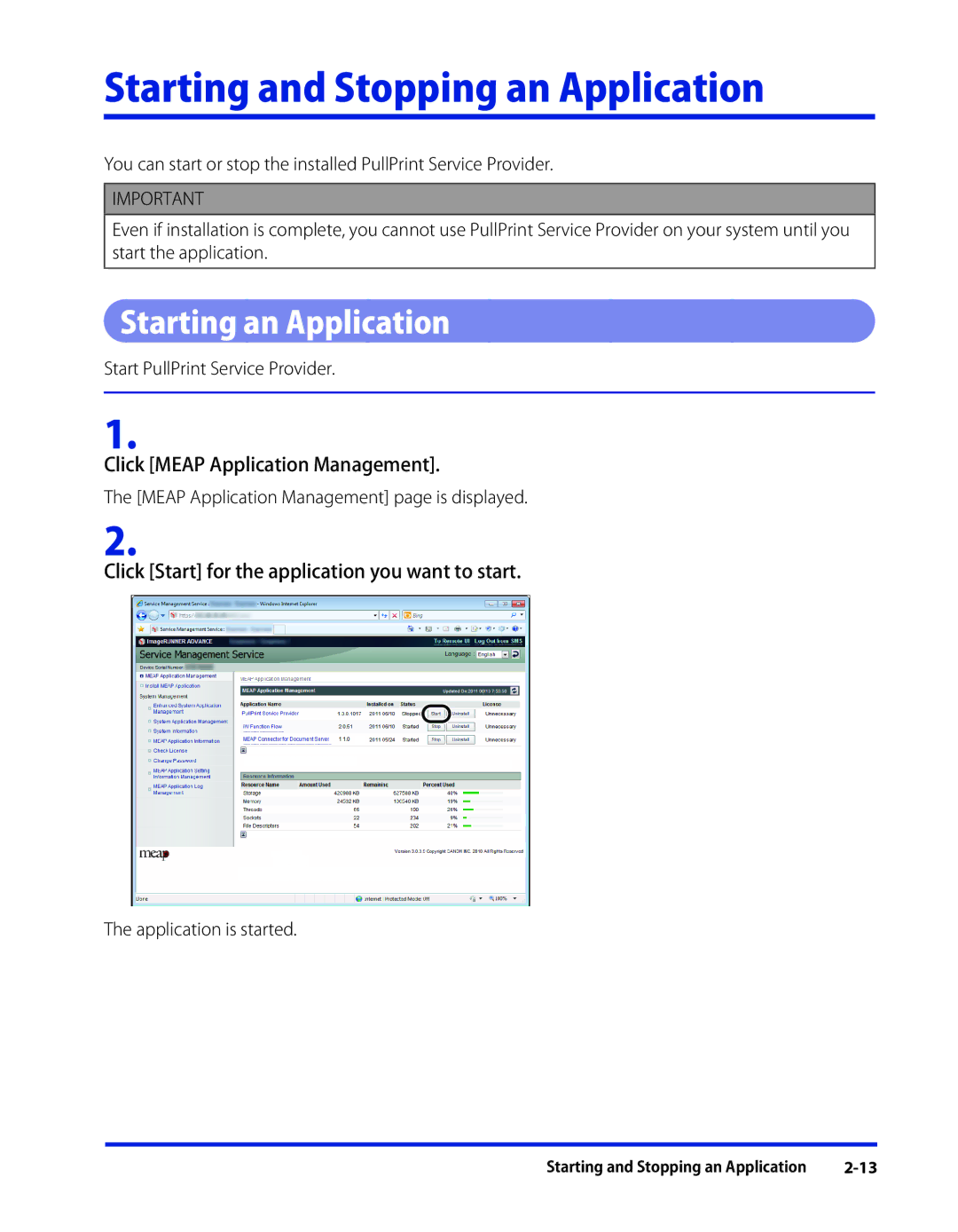 Canon SE-IE-1359-V2 manual Starting and Stopping an Application, Starting an Application 