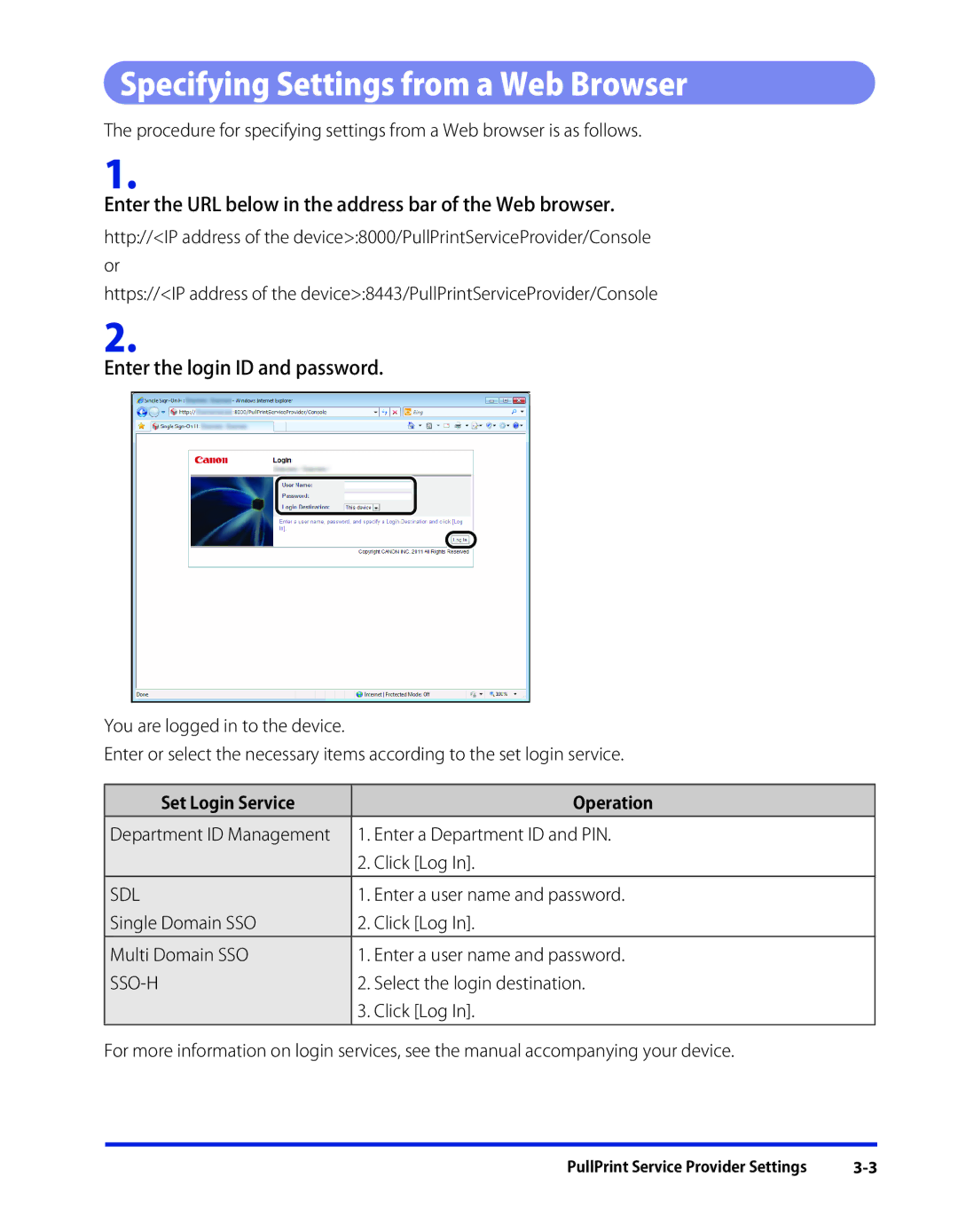 Canon SE-IE-1359-V2 manual Specifying Settings from a Web Browser, Enter the login ID and password 